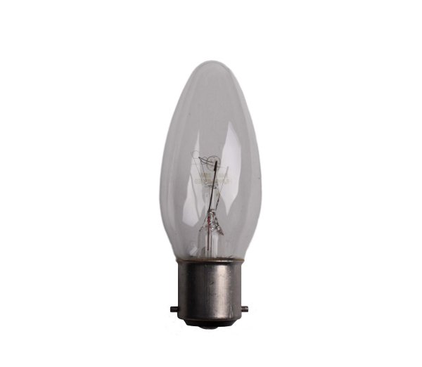 Kaarslamp 40W B22d 230V versterkte constructie helder Let op bajonetfitting, geen schroeffitting