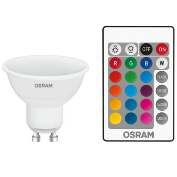 Osram Retrofit RGBW LEDspot ST PAR16 4,5W=25W GU10 220V-240V 2700K kleur 827 120° mat dimbaar met afstandsbediening