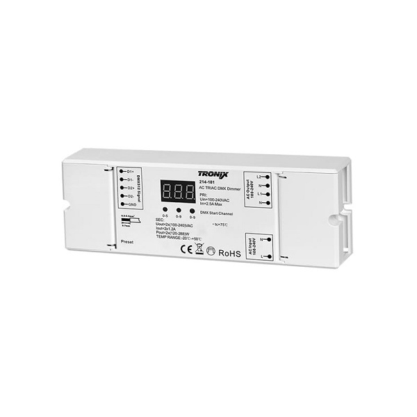 Tronix 214-181 DMX dimmer 2 kanalen 2x288W opbouw met trekontlasting