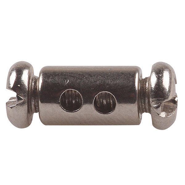 FL schroefnippel 2 x M4 schroef geschikt voor staaldraad maximaal 2 x 2,0mm messing vernikkeld
