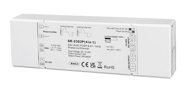 TCI 181214 SR-2303P 4 in 1 dimmer Dali, Dali 2, drukknop, 0-10V, 1-10V, C dimmer (Tronic elektronische trafo) opbouwmodel 
