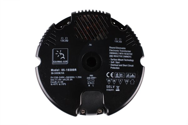 Global Lux elektronische halogeen transformator 12V 50-300W rond 118x40mm met gat 11mm
dubbele uitgang, de aansluitingen naast elkaar zijn met elkaar doorverbonden! Lees eerst de gebruiksaanwijzing
