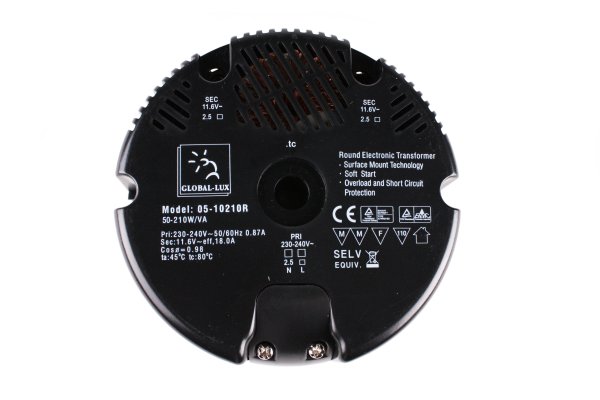 Global Lux elektronische halogeen transformator 12V 50-210W rond 110x35mm met gat 11mm
