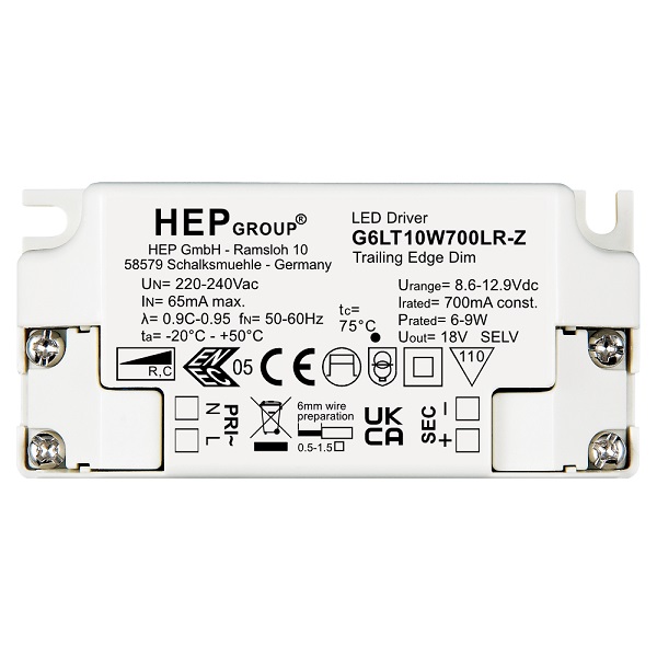 HEP G6LT10W350LR-Z 350mA 4,6-9,1W LEDdriver dimbaar opbouw met trekontlasting