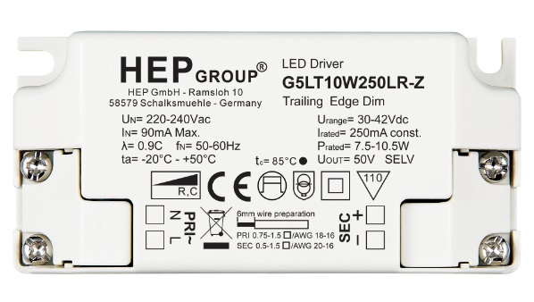 HEP G5LT10W250LR-Z 250mA 7,5-10,5W LEDdriver dimbaar opbouw met trekontlasting