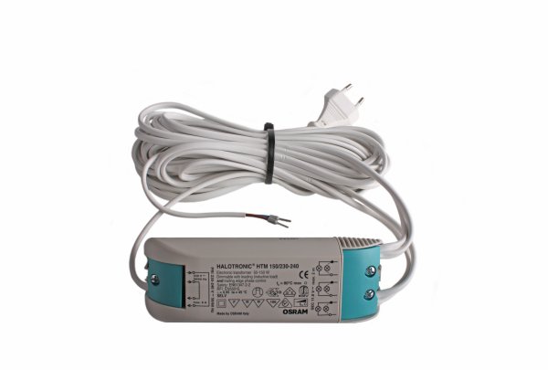 Osram Halotronic HTM 150/230-240 elektronische halogeen transformator 12V 50-150W compleet bedraad met netsnoer en 2 snoeren voor de lampen 75W