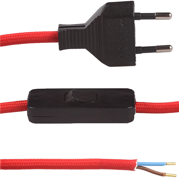 FL stofkabel met zwarte eurostekker en zwarte snoerschakelaar 2x0,75mm2 2,0m stofkabel rood