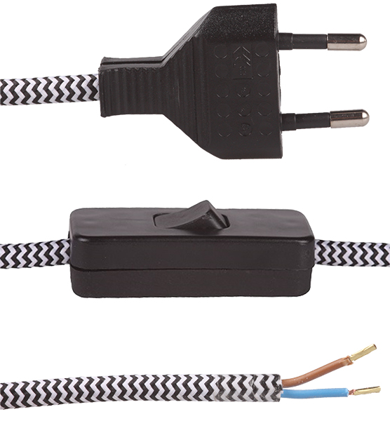 FL stofkabel met zwarte eurostekker en zwarte snoerschakelaar 2x0,75mm2 2,0m stofkabel zigzag zwart wit
