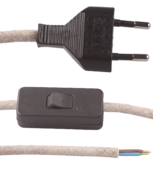 FL stofkabel met zwarte eurostekker en zwarte snoerschakelaar 2x0,75mm2 2,0m stofkabel linnen
