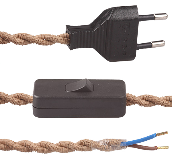 Stofkabel gedraaid met zwarte eurostekker en zwarte snoerschakelaar 2x0,75mm2 2,0m stofkabel kraft papier bruin