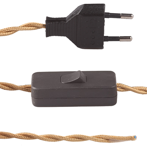 FL stofkabel gedraaid met zwarte eurostekker en zwarte snoerschakelaar 2x0,75mm2 2,0m stofkabel twist goud