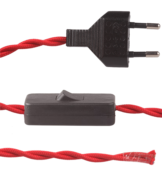 FL stofkabel gedraaid met zwarte eurostekker en zwarte snoerschakelaar 2x0,75mm2 2,0m stofkabel twist rood