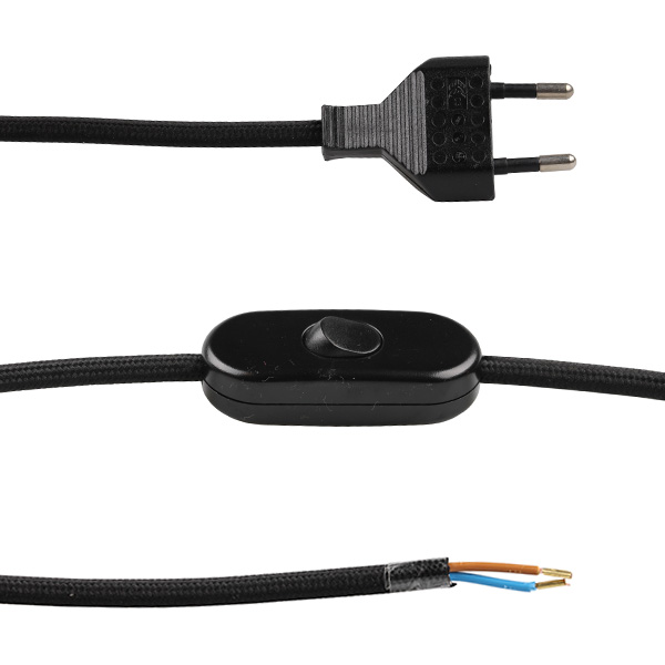 FL stofkabel met zwarte eurostekker en zwarte snoerschakelaar 2x0,75mm2 2,0m stofkabel zwart