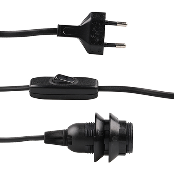 Eurosnoer met snoerschakelaar 2x0,75mm2 1,5m zwart E14 lamphouder met buitendraad en 2 lampringen