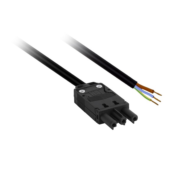 Elet-Plast aansluitsnoer met platte 3 polige female connector en een zijde gestript 0,5m 3x1,5mm2 70° zwart