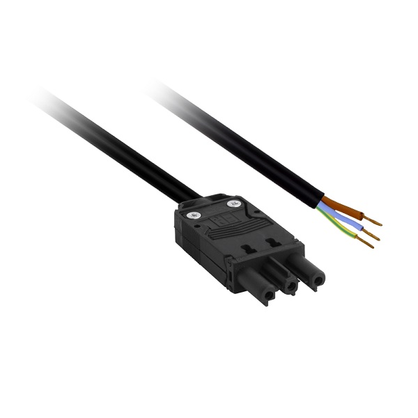 Elet-Plast aansluitsnoer met platte 3 polige female connector en een zijde gestript 2,0m 3x1,5mm2 70° zwart