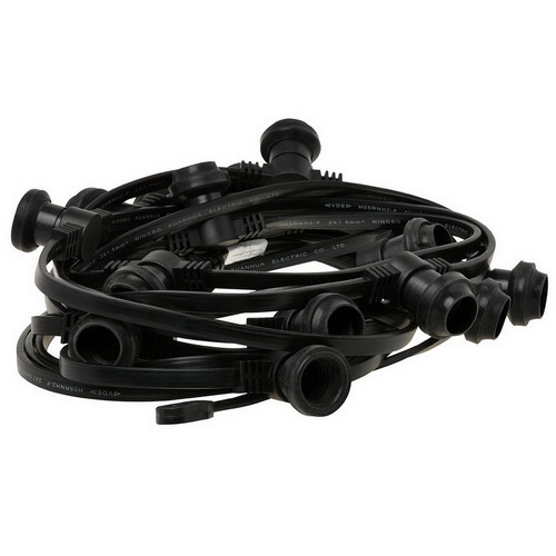 Gemonteerde prikkabel 10m 15 fittingen E27 maximaal 40W per lamp platte zwart prikkabel 2x1,5mm2 met stekker, eindstuk en lampafdichtingen, zonder lampen