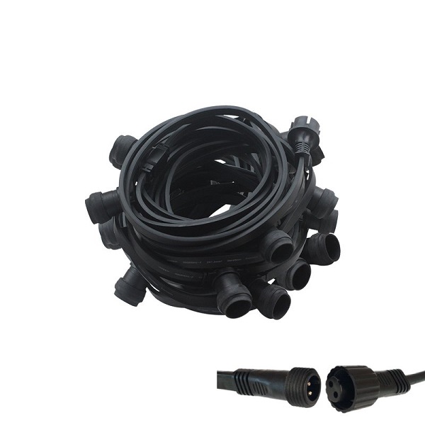 Gemonteerde prikkabel 50m 50 fittingen E27 maximaal 40W per lamp platte zwart prikkabel 2x1,5mm2 met stekker, eindstuk en lampafdichtingen, zonder lampen