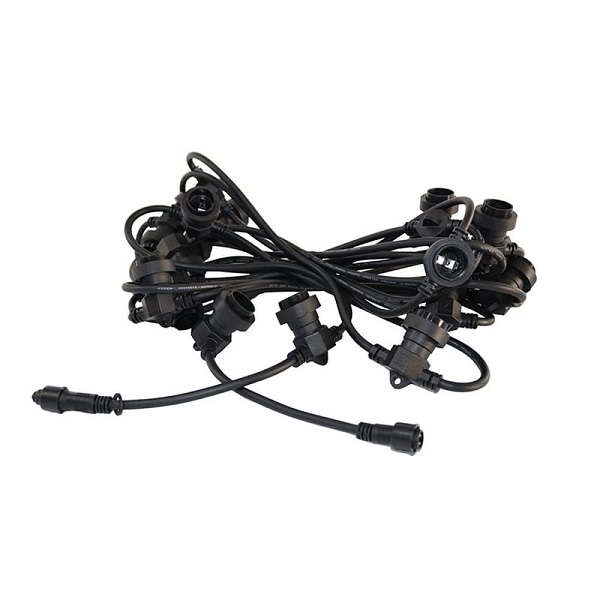 Tronix 585-120 gemonteerde prikkabel 10m (set van 1 koppelbare prikkabel van 10m met koppelbare voedingskabel ) 10 fittingen E27 (25W max per lamp) ronde kabel zwart 2x1,5mm2 met stekker, lampafdichtingen, koppelbaar tot 200m / 2000W IP44