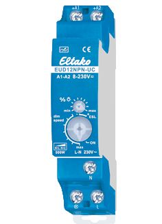Eltako EUD 12NPN-UC opbouwdimmer voor DIN rail, 18mm breed, universeel met druktoets te bedienen. Geschikt voor R-, L- en C-belasting en dimbare LED's en spaarlampen. Minimale waarde en dimsnelheid zijn instelbaar. Maximale belasting 400W, bij LED's en spaarlampen 100W. Automatische herkening van de belasting.