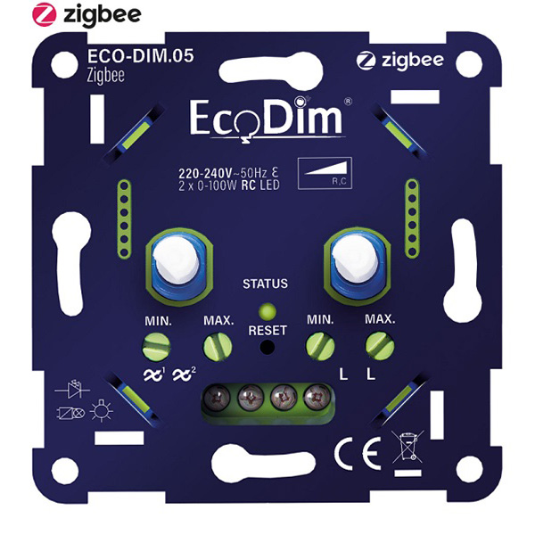 EcoDim.05 Zigbee duo inbouwdimmer 2 x 0-100W voor dimbare LED's, gloeilampen, 230V halogeenlampen en 12V halogeenlampen met elektronische trafo
