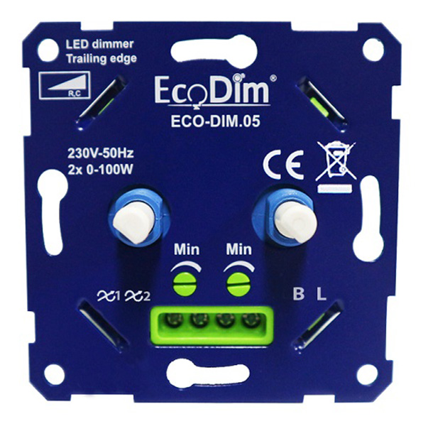 EcoDim.05 duo inbouwdimmer 2 x 0-100W voor dimbare LED's, gloeilampen, 230V halogeenlampen en 12V halogeenlampen met elektronische trafo
