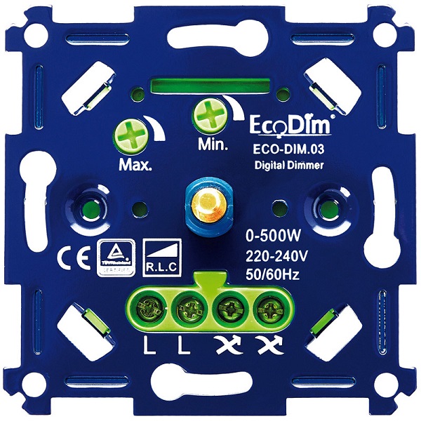 EcoDim.03 inbouwdimmer wissel 0-500W voor dimbare LED's, gloeilampen, 230V halogeenlampen en 12V halogeenlampen met  elektronische- of conventionele trafo