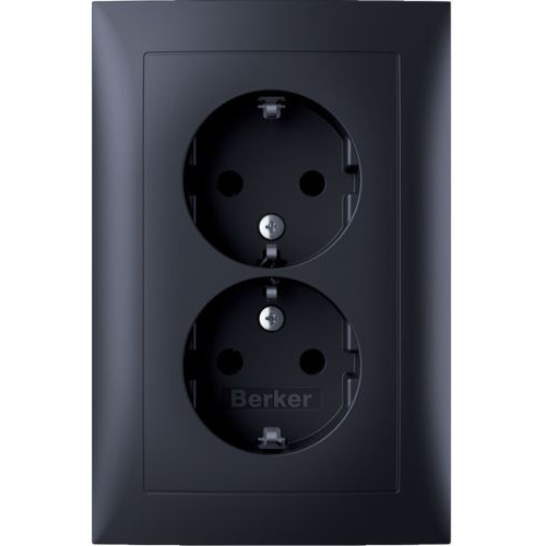 Berker S.1 wandcontactdoos 2 voudig met randaarde vertikaal met volle afdekplaat voor compacte inbouwdoos Attema UK40 ABB H150 anderhalf doos (vlak) zonder spreidklemmen antraciet RAL 7021 mat