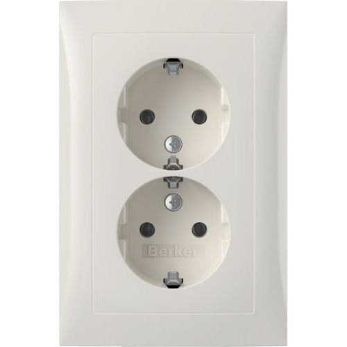 Berker S.1 wandcontactdoos 2 voudig met randaarde vertikaal met volle afdekplaat voor compacte inbouwdoos Attema UK40 ABB H150 anderhalf doos (vlak) zonder spreidklemmen polarwit RAL9010 glanzend