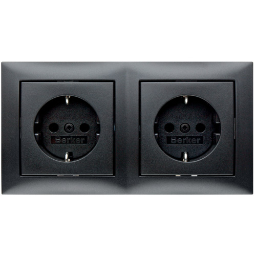 Berker S.1 wandcontactdoos 2 voudig met randaarde en afdekraam horizontaal speciaal voor dubbele inbouwdoos ABB H251 antraciet RAL7021 mat