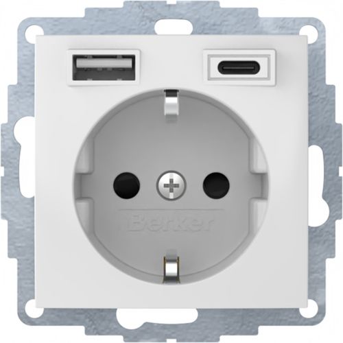 Berker S.1, B.3, B.7 wandcontactdoos 1 voudig met randaarde USB A+C kinderveilig insteek zonder spreidklemmen polarwit RAL9010 glanzend