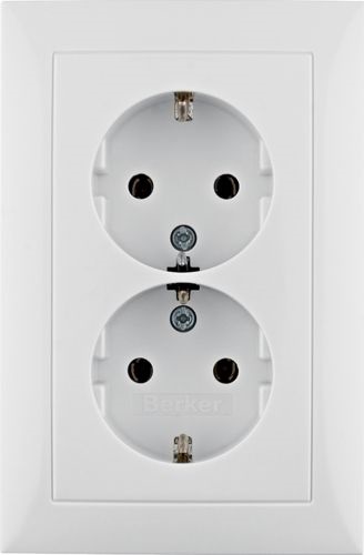 Berker S.1 wandcontactdoos 2 voudig met randaarde vertikaal met volle afdekplaat voor 1 inbouwdoos conform DIN 49073-1 zonder spreidklemmen polarwit RAL9010 glanzend