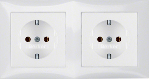 Berker S.1 wandcontactdoos 2 voudig met randaarde en afdekraam horizontaal speciaal voor dubbele inbouwdoos ABB H251 polarwit RAL9010 glanzend