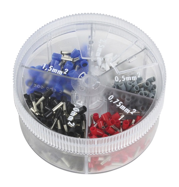 Adereindhuls strooidoos inhoud 400 stuks geisoleerde adereindhulzen 50 x 0,5mm2, 100 x 0,75mm2, 100 x 1mm2, 100 x 1,5mm2, 50 x 2,5mm2